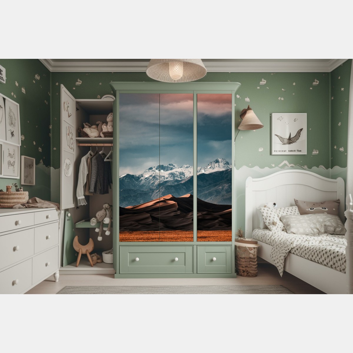 Schrankaufkleber wüstendünen vor schneebedeckten gipfeln – Wallnifity® Schrankaufkleber wüstendünen vor schneebedeckten gipfeln – Wallnifity®