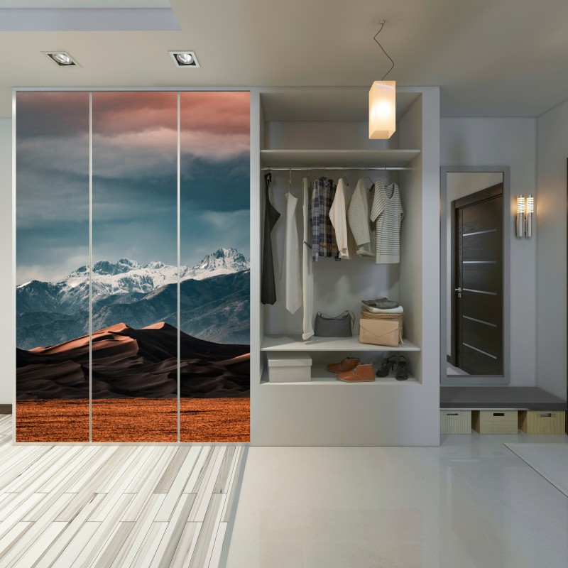 Schrankaufkleber wüstendünen vor schneebedeckten gipfeln – Wallnifity® Schrankaufkleber wüstendünen vor schneebedeckten gipfeln – Wallnifity®