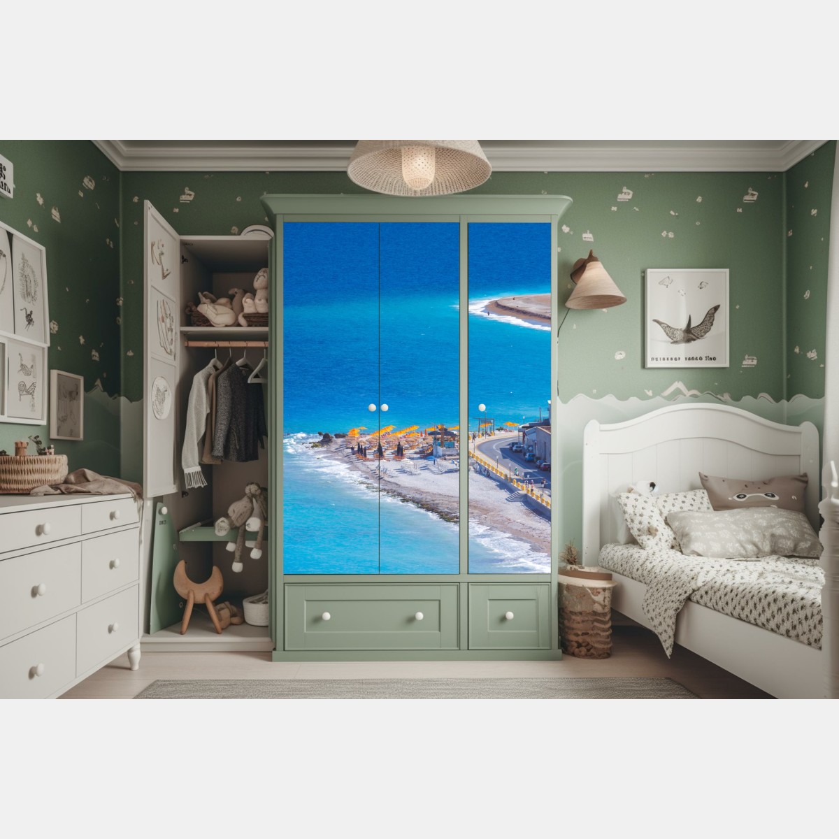 Schrankaufkleber Rhodos strand mit bunten sonnenschirmen – Wallnifity® Schrankaufkleber Rhodos strand mit bunten sonnenschirmen – Wallnifity®