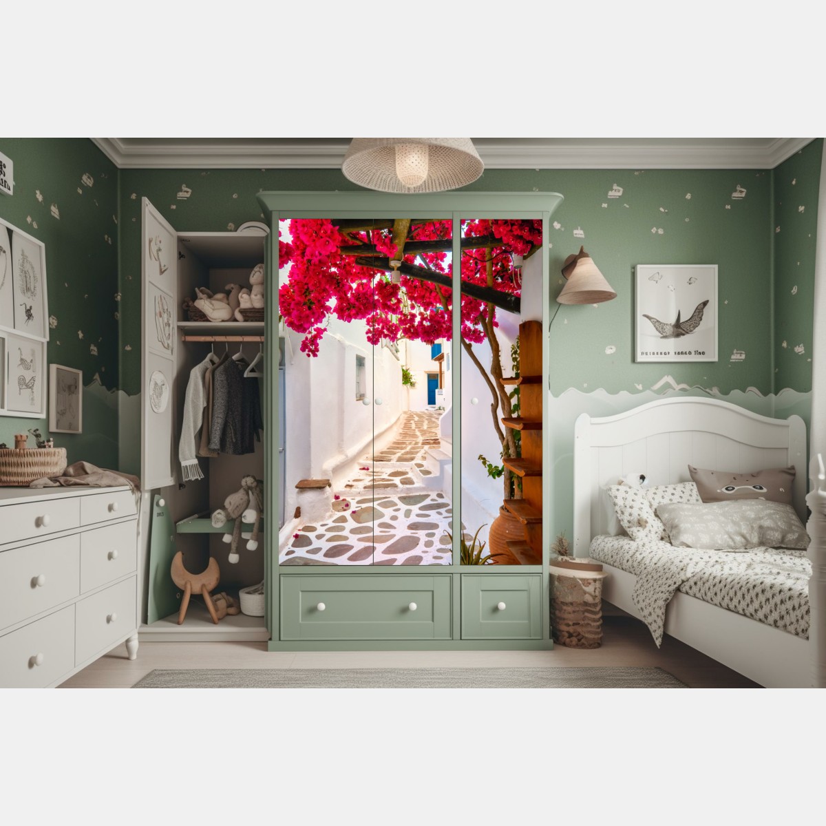 Schrankaufkleber sonnige gasse in Griechenland mit bougainvillea – Wallnifity® Schrankaufkleber sonnige gasse in Griechenland mit bougainvillea – Wallnifity®