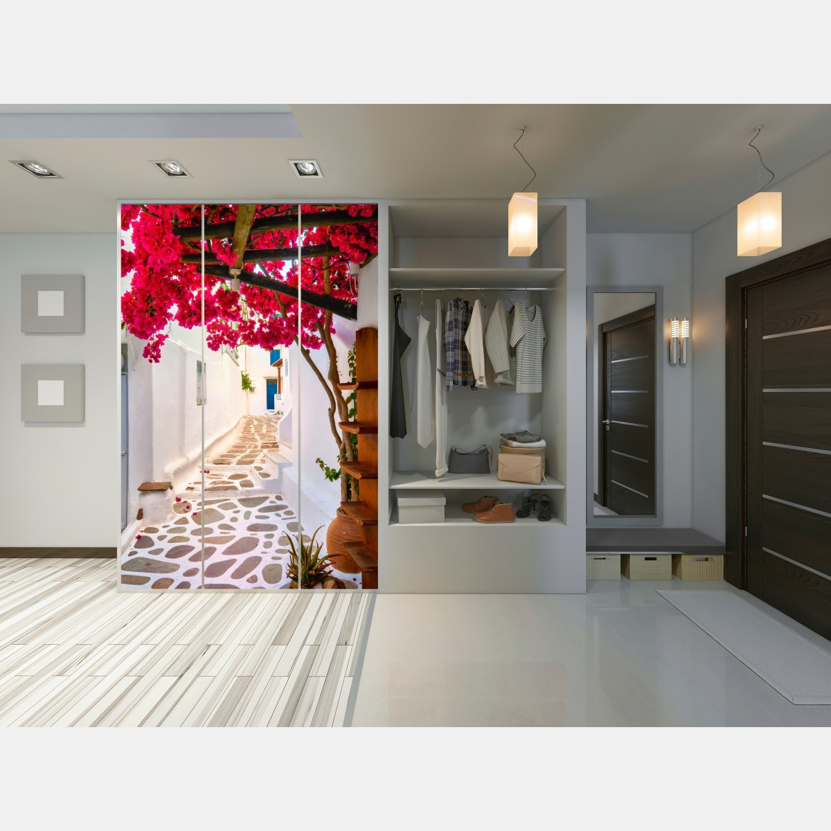 Schrankaufkleber sonnige gasse in Griechenland mit bougainvillea – Wallnifity® Schrankaufkleber sonnige gasse in Griechenland mit bougainvillea – Wallnifity®