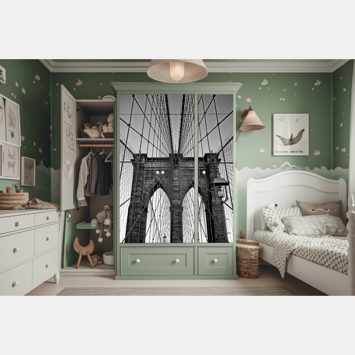 Schrankaufkleber symmetrische hängebrücke in schwarzweiß – Wallnifity® Schrankaufkleber symmetrische hängebrücke in schwarzweiß – Wallnifity®