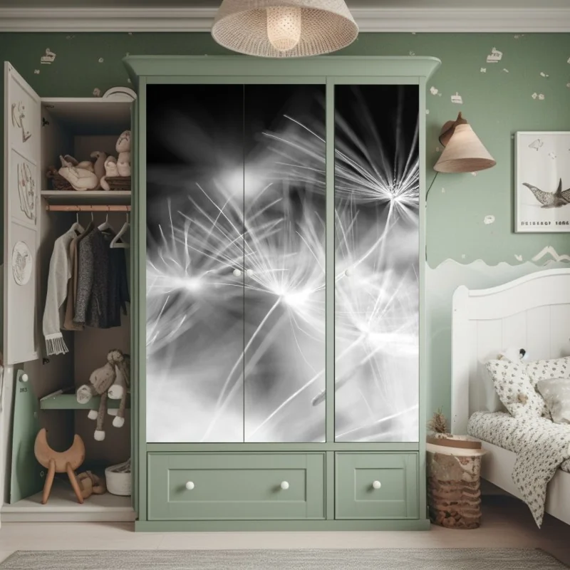 Schrankaufkleber zarte löwenzahnsamen in monochrom – Wallnifity® Schrankaufkleber zarte löwenzahnsamen in monochrom – Wallnifity®