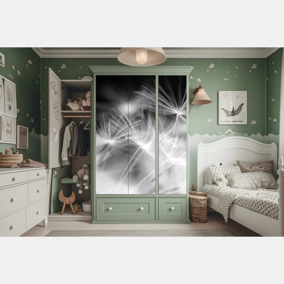 Schrankaufkleber zarte löwenzahnsamen in monochrom – Wallnifity® Schrankaufkleber zarte löwenzahnsamen in monochrom – Wallnifity®