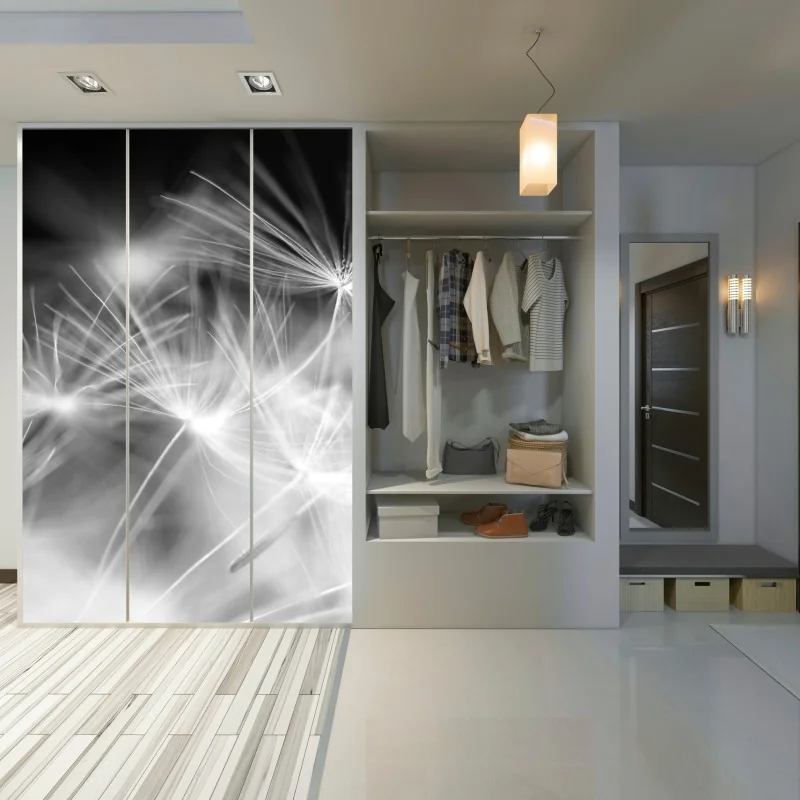 Schrankaufkleber zarte löwenzahnsamen in monochrom – Wallnifity® Schrankaufkleber zarte löwenzahnsamen in monochrom – Wallnifity®