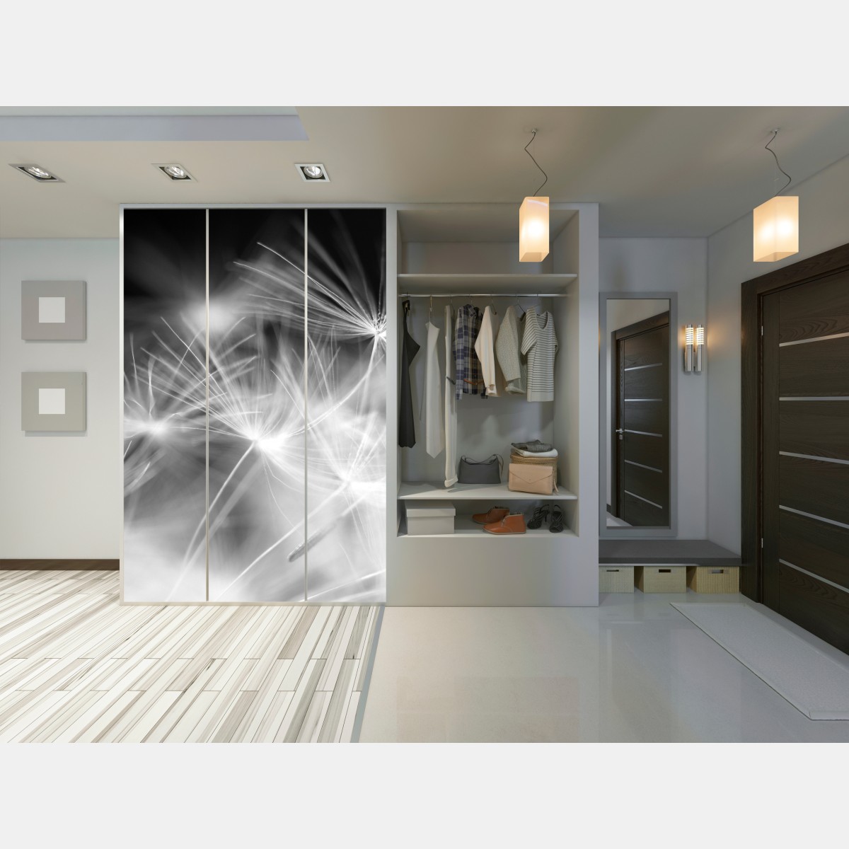 Schrankaufkleber zarte löwenzahnsamen in monochrom – Wallnifity® Schrankaufkleber zarte löwenzahnsamen in monochrom – Wallnifity®