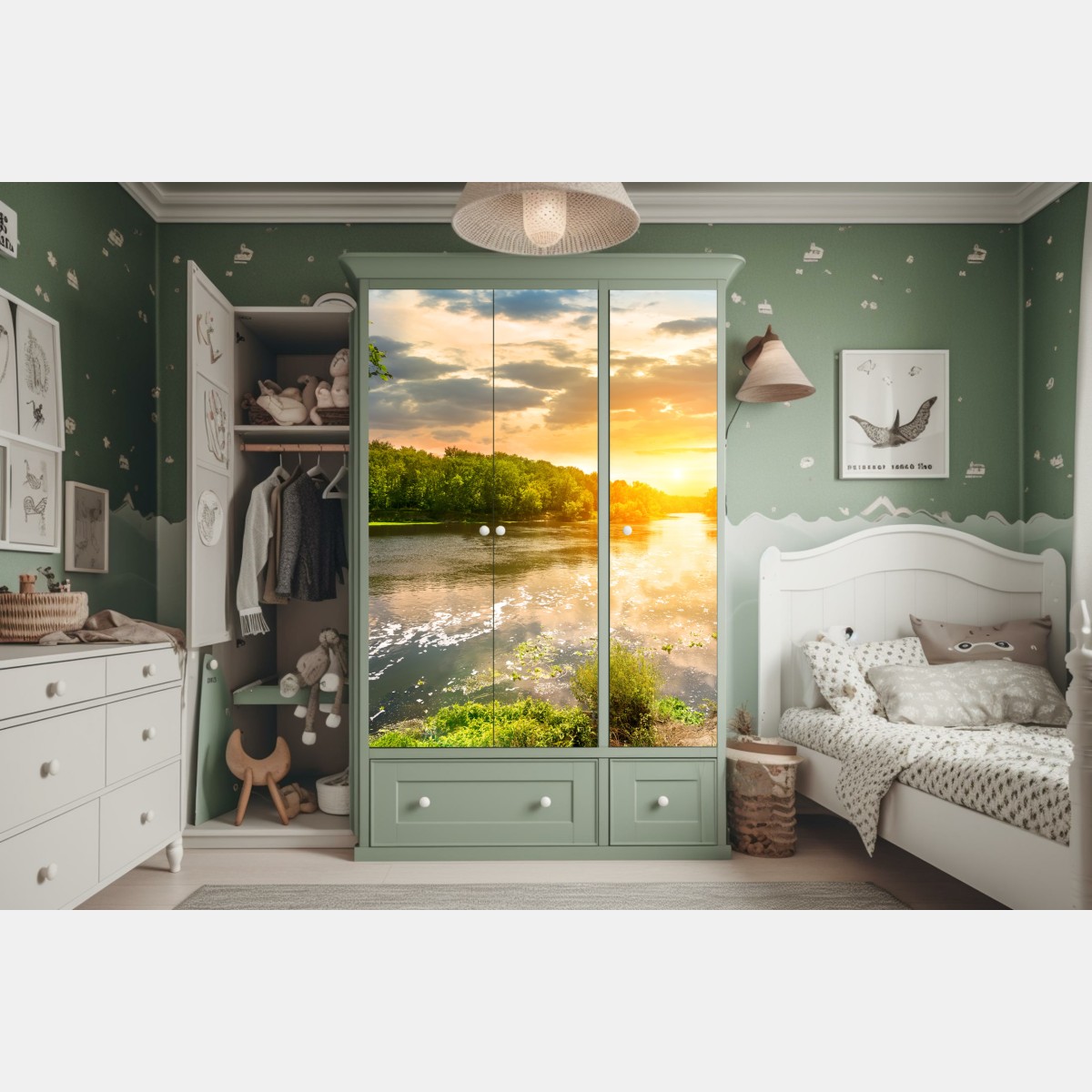 Schrankaufkleber ruhiger sonnenuntergang am fluss im grünen wald – Wallnifity® Schrankaufkleber ruhiger sonnenuntergang am fluss im grünen wald – Wallnifity®