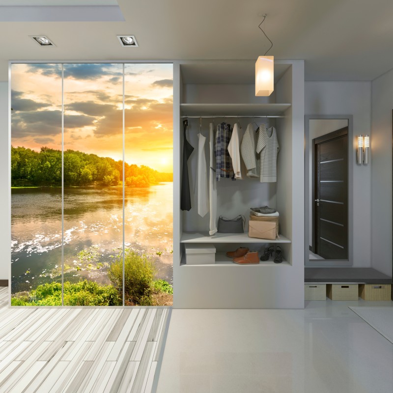 Schrankaufkleber ruhiger sonnenuntergang am fluss im grünen wald – Wallnifity® Schrankaufkleber ruhiger sonnenuntergang am fluss im grünen wald – Wallnifity®