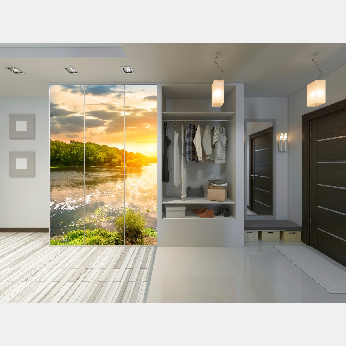 Schrankaufkleber ruhiger sonnenuntergang am fluss im grünen wald – Wallnifity® Schrankaufkleber ruhiger sonnenuntergang am fluss im grünen wald – Wallnifity®