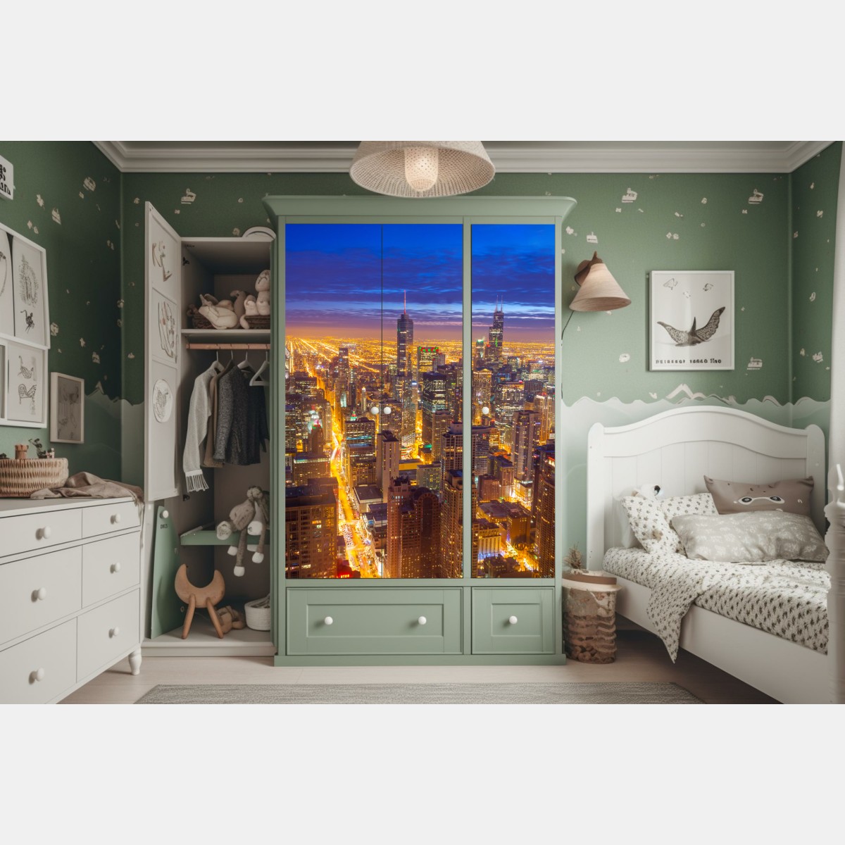 Schrankaufkleber Chicago nächtliche skyline panorama – Wallnifity® Schrankaufkleber Chicago nächtliche skyline panorama – Wallnifity®