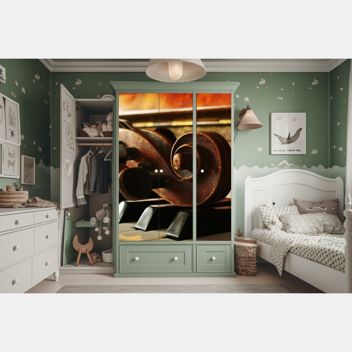 Schrankaufkleber vintage geigenkopf auf klaviertasten – Wallnifity® Schrankaufkleber vintage geigenkopf auf klaviertasten – Wallnifity®