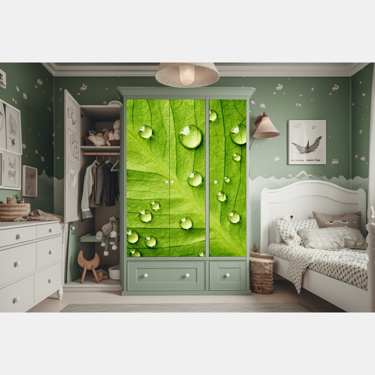 Schrankaufkleber frisches grünes blatt mit wassertropfen – Wallnifity® Schrankaufkleber frisches grünes blatt mit wassertropfen – Wallnifity®