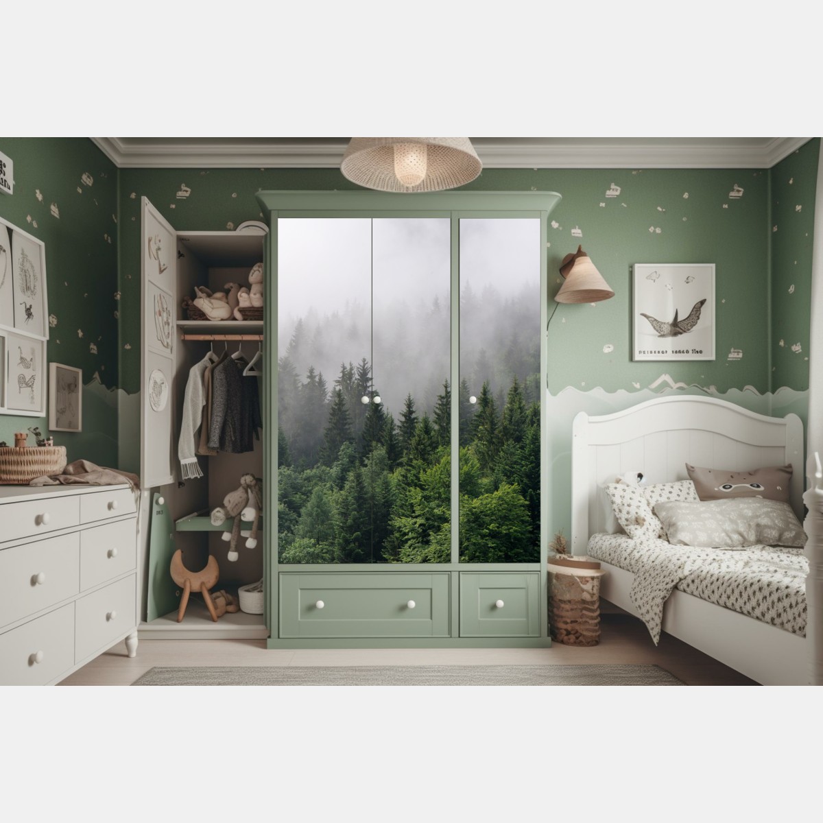 Schrankaufkleber nebliger immergrüner wald panorama – Wallnifity® Schrankaufkleber nebliger immergrüner wald panorama – Wallnifity®