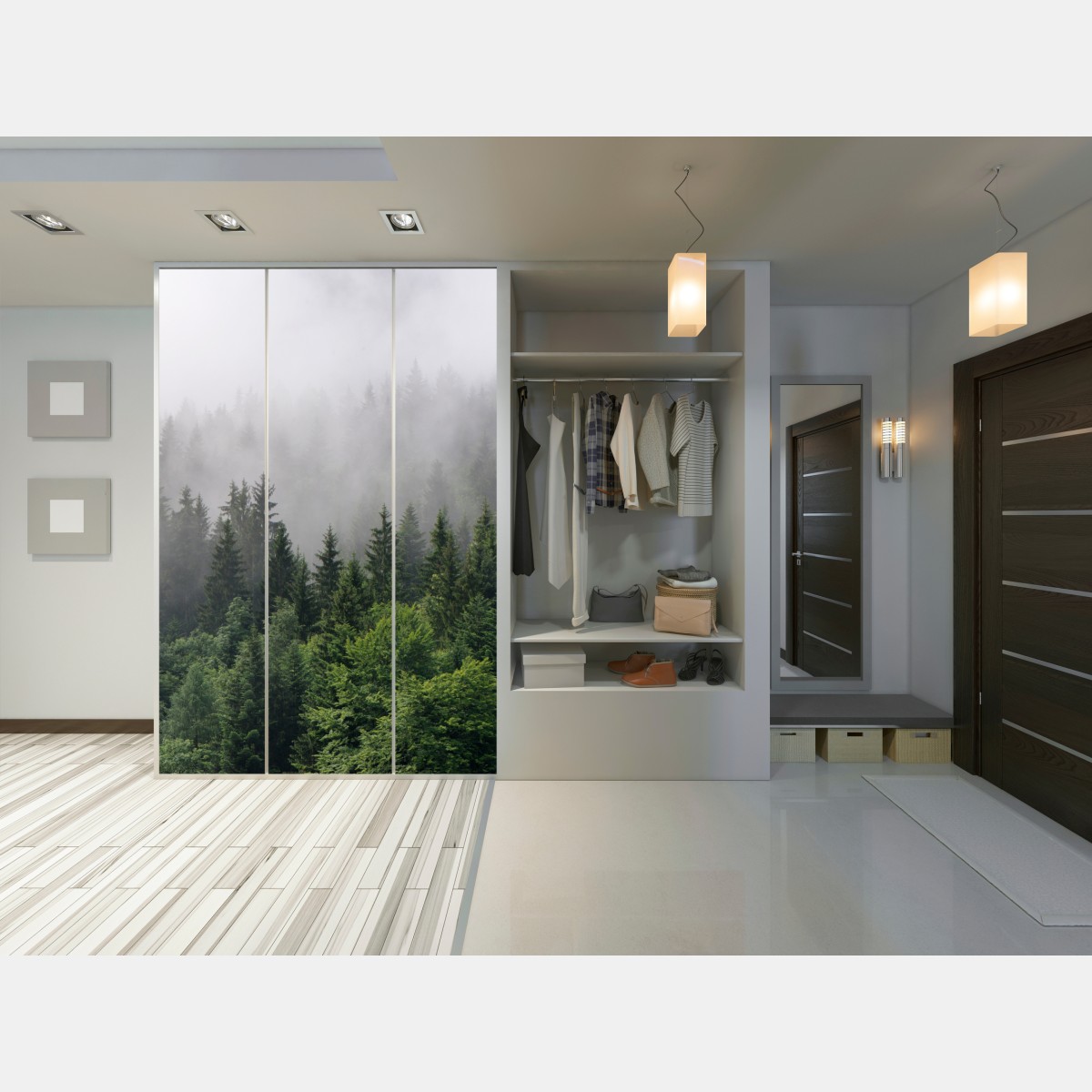 Schrankaufkleber nebliger immergrüner wald panorama – Wallnifity® Schrankaufkleber nebliger immergrüner wald panorama – Wallnifity®