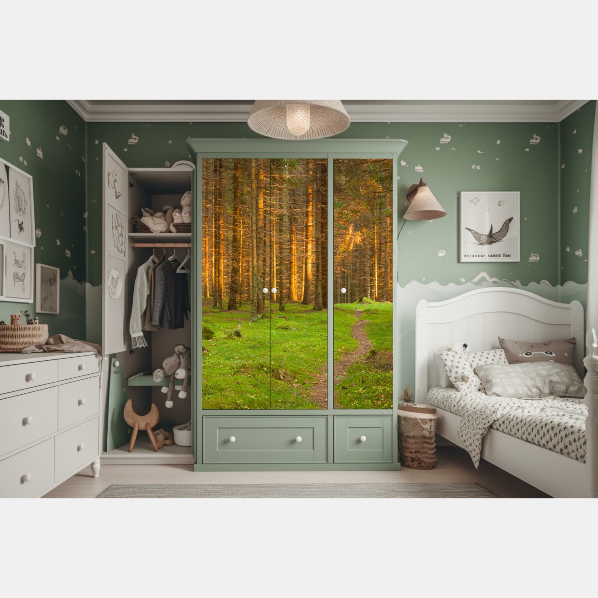 Schrankaufkleber goldenes licht im moosbedeckten kiefernwald – Wallnifity® Schrankaufkleber goldenes licht im moosbedeckten kiefernwald – Wallnifity®