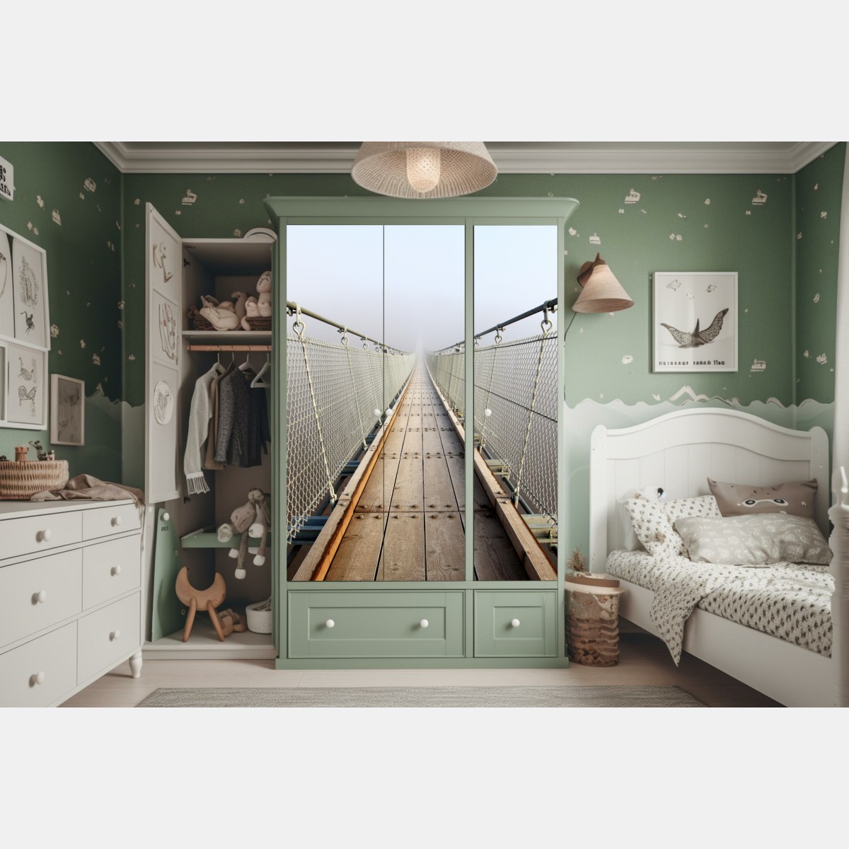 Schrankaufkleber neblige hängebrücke die in den nebel führt – Wallnifity® Schrankaufkleber neblige hängebrücke die in den nebel führt – Wallnifity®