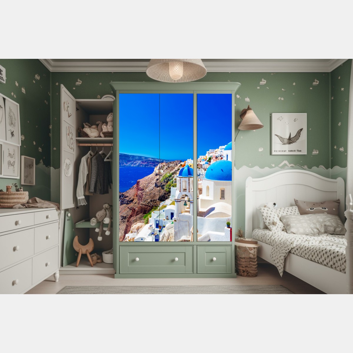 Schrankaufkleber Santorini blaue kuppeln über dem Ägäischen Meer – Wallnifity® Schrankaufkleber Santorini blaue kuppeln über dem Ägäischen Meer – Wallnifity®