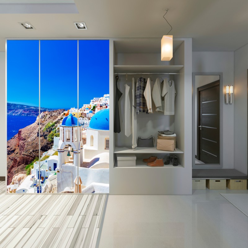 Schrankaufkleber Santorini blaue kuppeln über dem Ägäischen Meer – Wallnifity® Schrankaufkleber Santorini blaue kuppeln über dem Ägäischen Meer – Wallnifity®