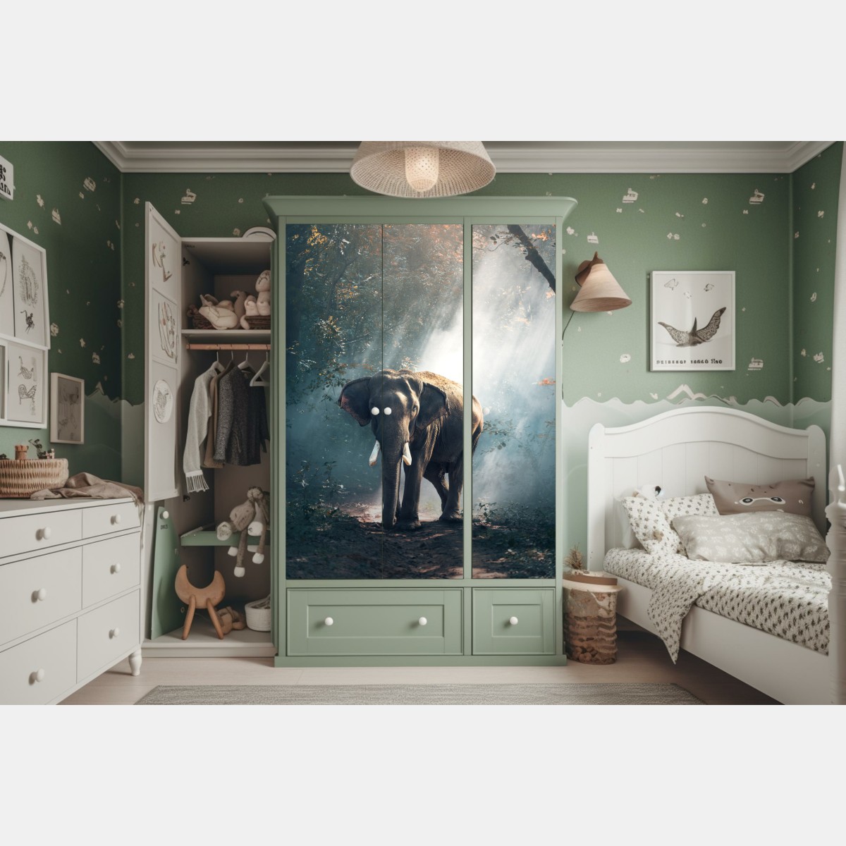 Schrankaufkleber majestätischer elefant im sonnenlichtdurchfluteten wald – Wallnifity®