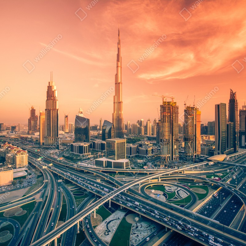 Schrankaufkleber Dubai skyline bei sonnenuntergang – Wallnifity® Schrankaufkleber Dubai skyline bei sonnenuntergang – Wallnifity®
