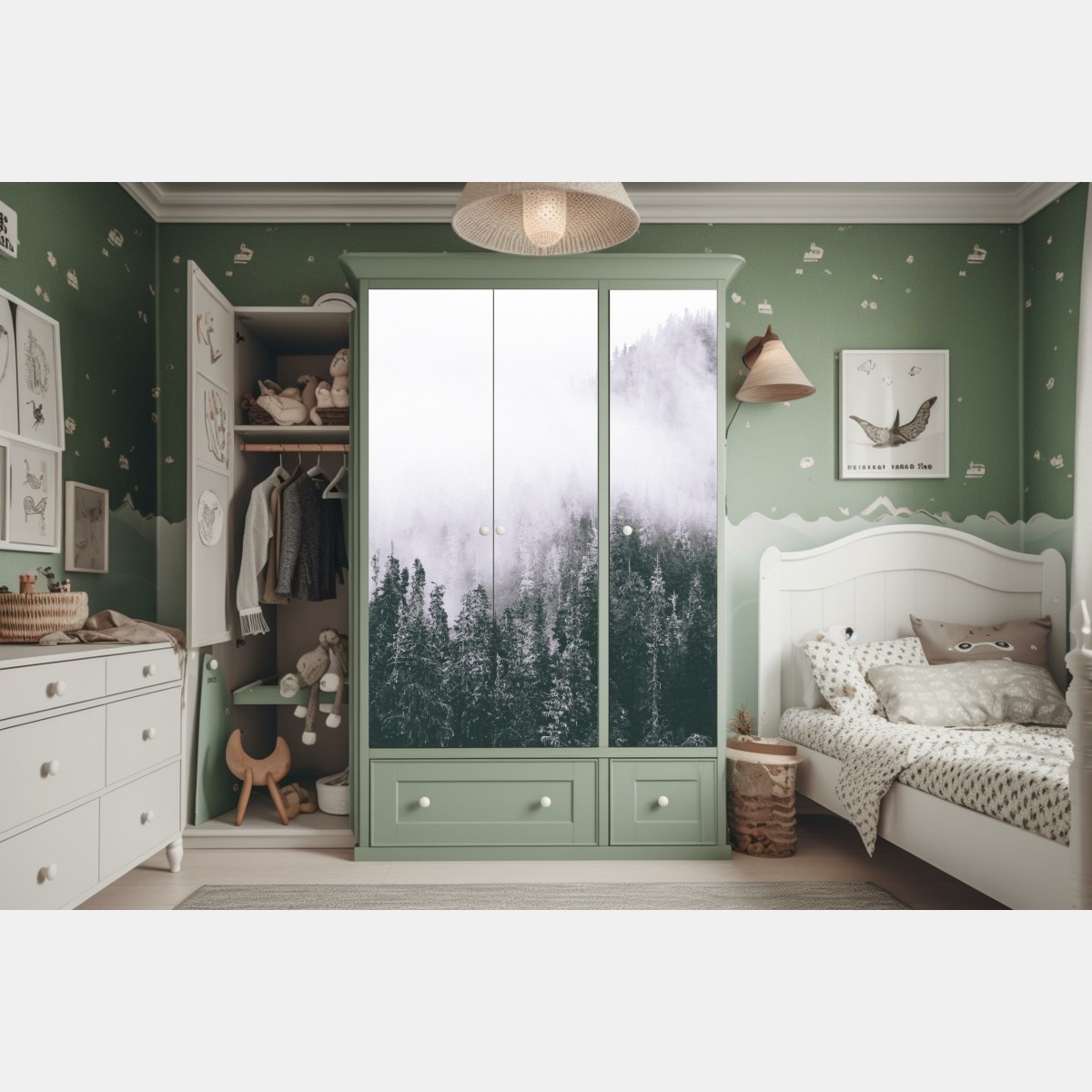 Schrankaufkleber nebliger immergrüner wald – Wallnifity® Schrankaufkleber nebliger immergrüner wald – Wallnifity®