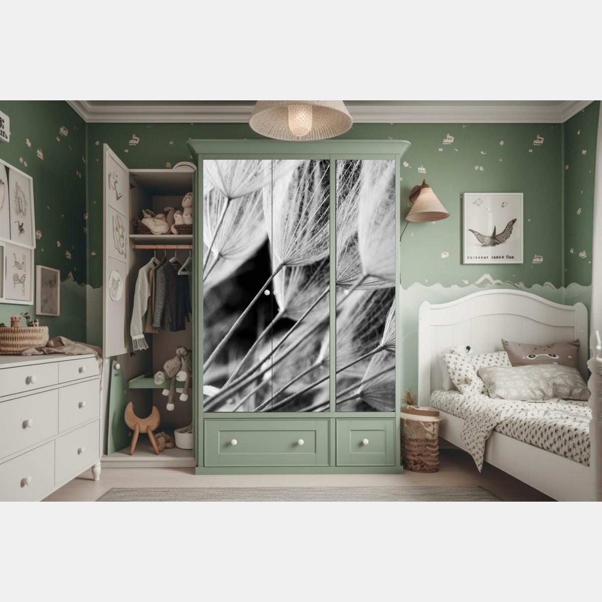 Schrankaufkleber zarte nahaufnahme von löwenzahnsamen in monochrom – Wallnifity®