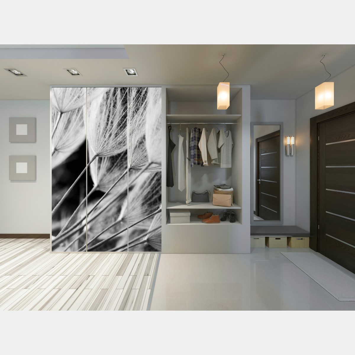 Schrankaufkleber zarte nahaufnahme von löwenzahnsamen in monochrom – Wallnifity®