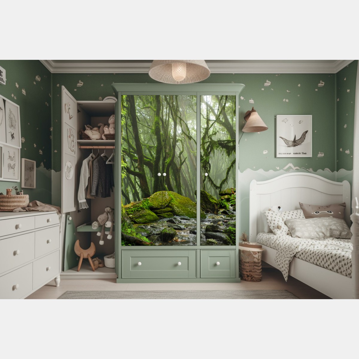 Schrankaufkleber moosiger wald mit bach im nebel – Wallnifity® Schrankaufkleber moosiger wald mit bach im nebel – Wallnifity®