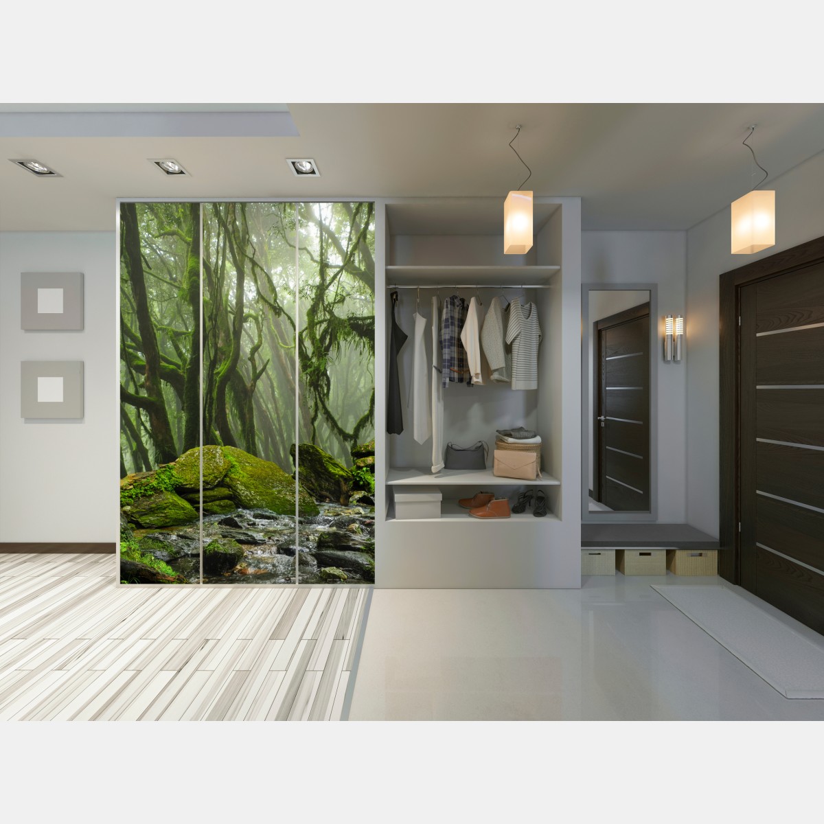 Schrankaufkleber moosiger wald mit bach im nebel – Wallnifity® Schrankaufkleber moosiger wald mit bach im nebel – Wallnifity®