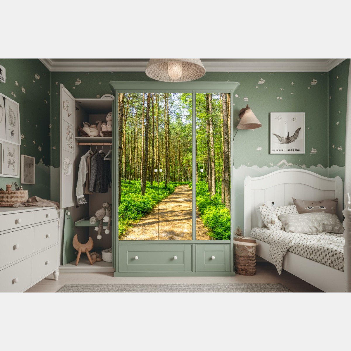 Schrankaufkleber sonniger waldweg zwischen kiefern – Wallnifity® Schrankaufkleber sonniger waldweg zwischen kiefern – Wallnifity®