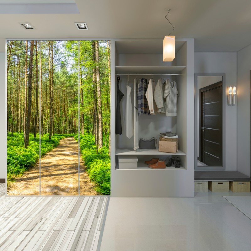 Schrankaufkleber sonniger waldweg zwischen kiefern – Wallnifity® Schrankaufkleber sonniger waldweg zwischen kiefern – Wallnifity®