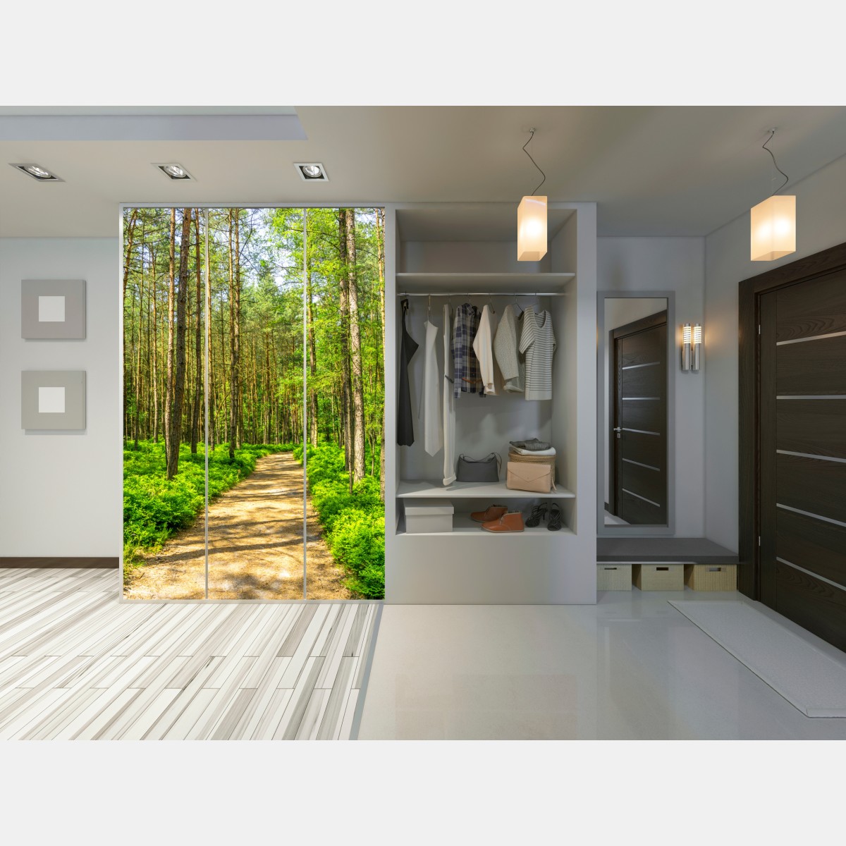 Schrankaufkleber sonniger waldweg zwischen kiefern – Wallnifity® Schrankaufkleber sonniger waldweg zwischen kiefern – Wallnifity®