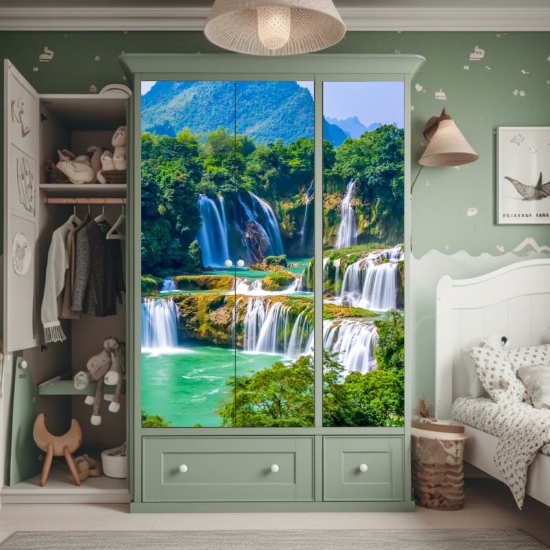Schrankaufkleber üppiger grüner waldwasserfall – Wallnifity®
