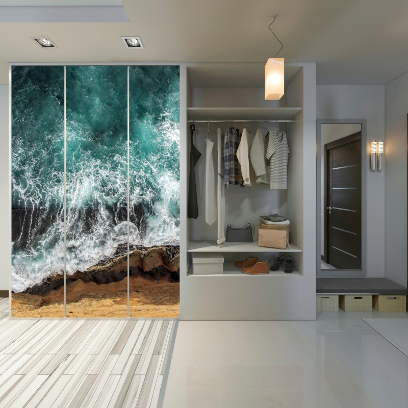 Schrankaufkleber türkise küste aus der vogelperspektive mit brandenden wellen – Wallnifity® Schrankaufkleber türkise küste aus der vogelperspektive mit brandenden wellen – Wallnifity®