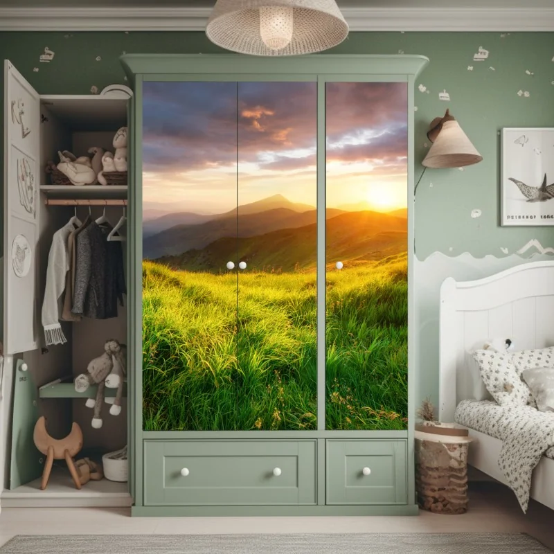 Schrankaufkleber sonnige bergwiese bei sonnenaufgang – Wallnifity® Schrankaufkleber sonnige bergwiese bei sonnenaufgang – Wallnifity®