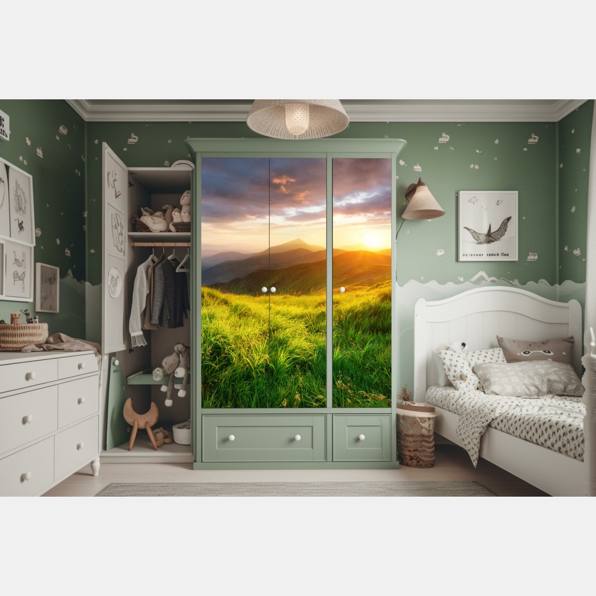 Schrankaufkleber sonnige bergwiese bei sonnenaufgang – Wallnifity® Schrankaufkleber sonnige bergwiese bei sonnenaufgang – Wallnifity®