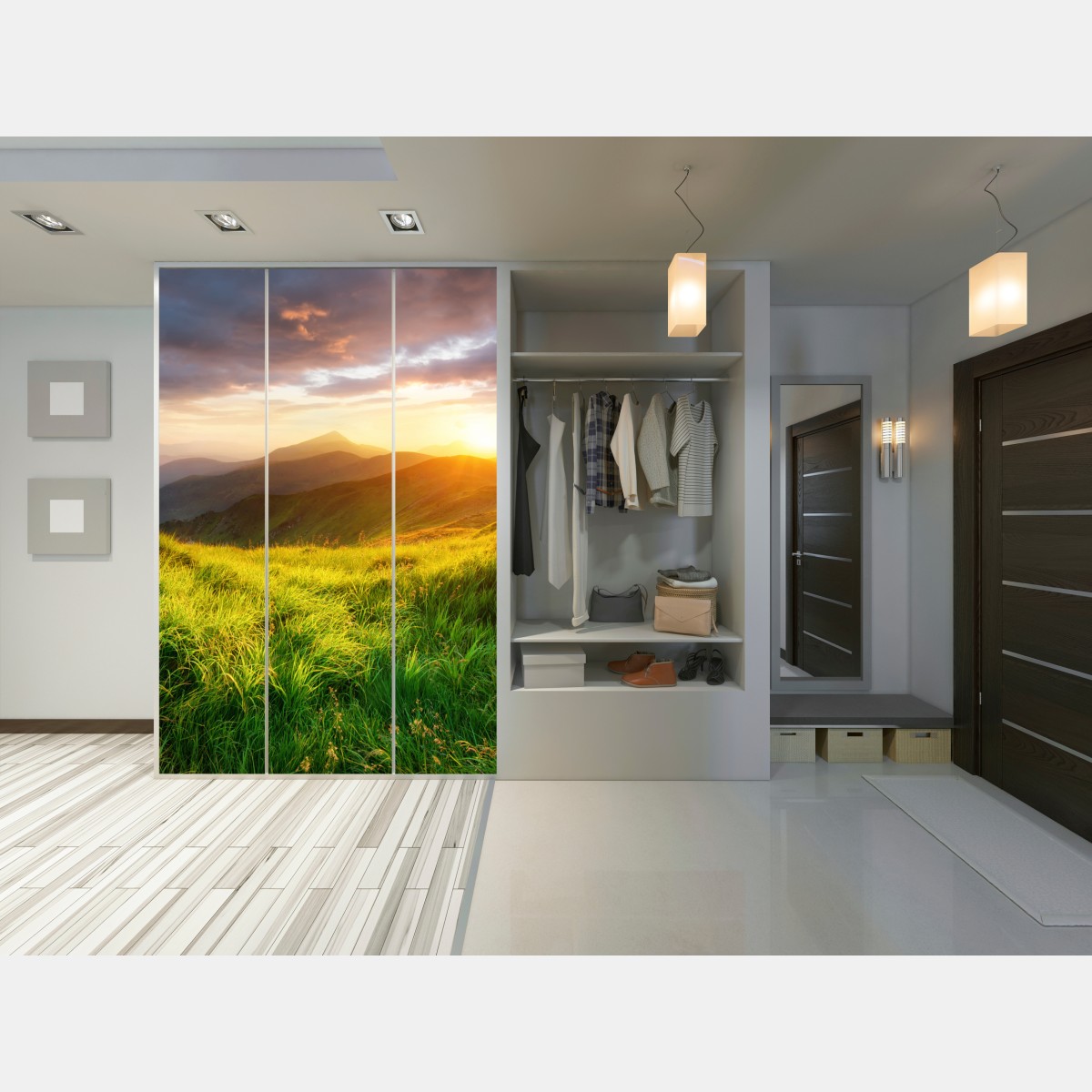 Schrankaufkleber sonnige bergwiese bei sonnenaufgang – Wallnifity® Schrankaufkleber sonnige bergwiese bei sonnenaufgang – Wallnifity®