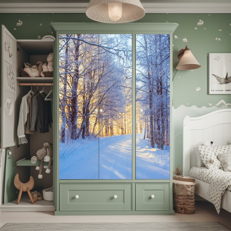 Schrankaufkleber birkenwald im winter bei sonnenaufgang – Wallnifity® Schrankaufkleber birkenwald im winter bei sonnenaufgang – Wallnifity®