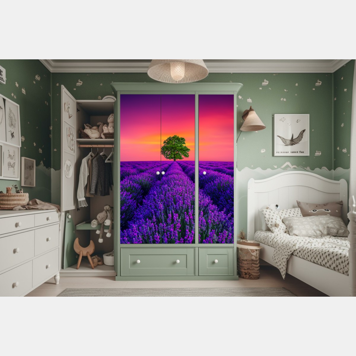 Schrankaufkleber lavendelfeld bei sonnenuntergang mit einsamem baum – Wallnifity® Schrankaufkleber lavendelfeld bei sonnenuntergang mit einsamem baum – Wallnifity®