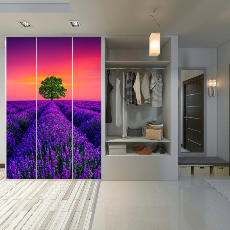 Schrankaufkleber lavendelfeld bei sonnenuntergang mit einsamem baum – Wallnifity® Schrankaufkleber lavendelfeld bei sonnenuntergang mit einsamem baum – Wallnifity®