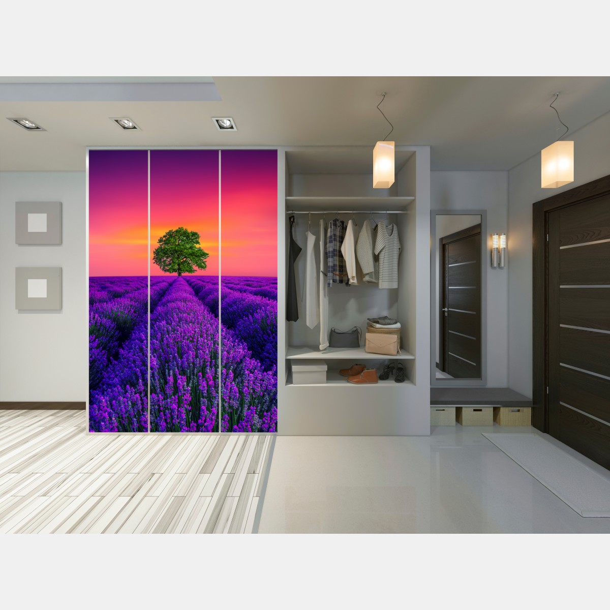 Schrankaufkleber lavendelfeld bei sonnenuntergang mit einsamem baum – Wallnifity® Schrankaufkleber lavendelfeld bei sonnenuntergang mit einsamem baum – Wallnifity®