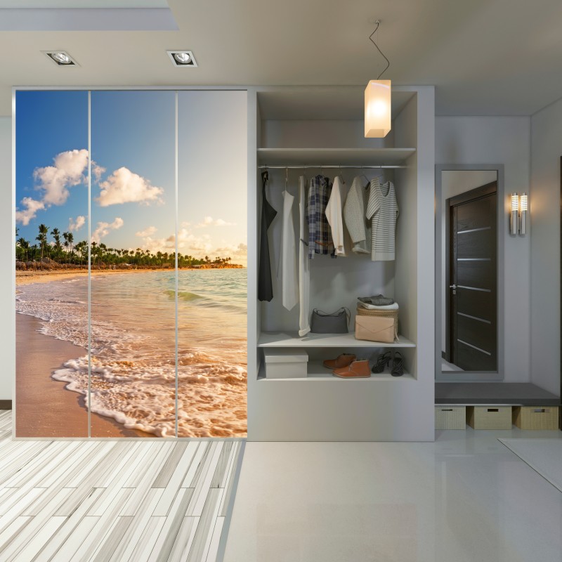 Schrankaufkleber tropischer sonnenuntergang am strand mit palmensilhouetten – Wallnifity® Schrankaufkleber tropischer sonnenuntergang am strand mit palmensilhouetten – Wallnifity®