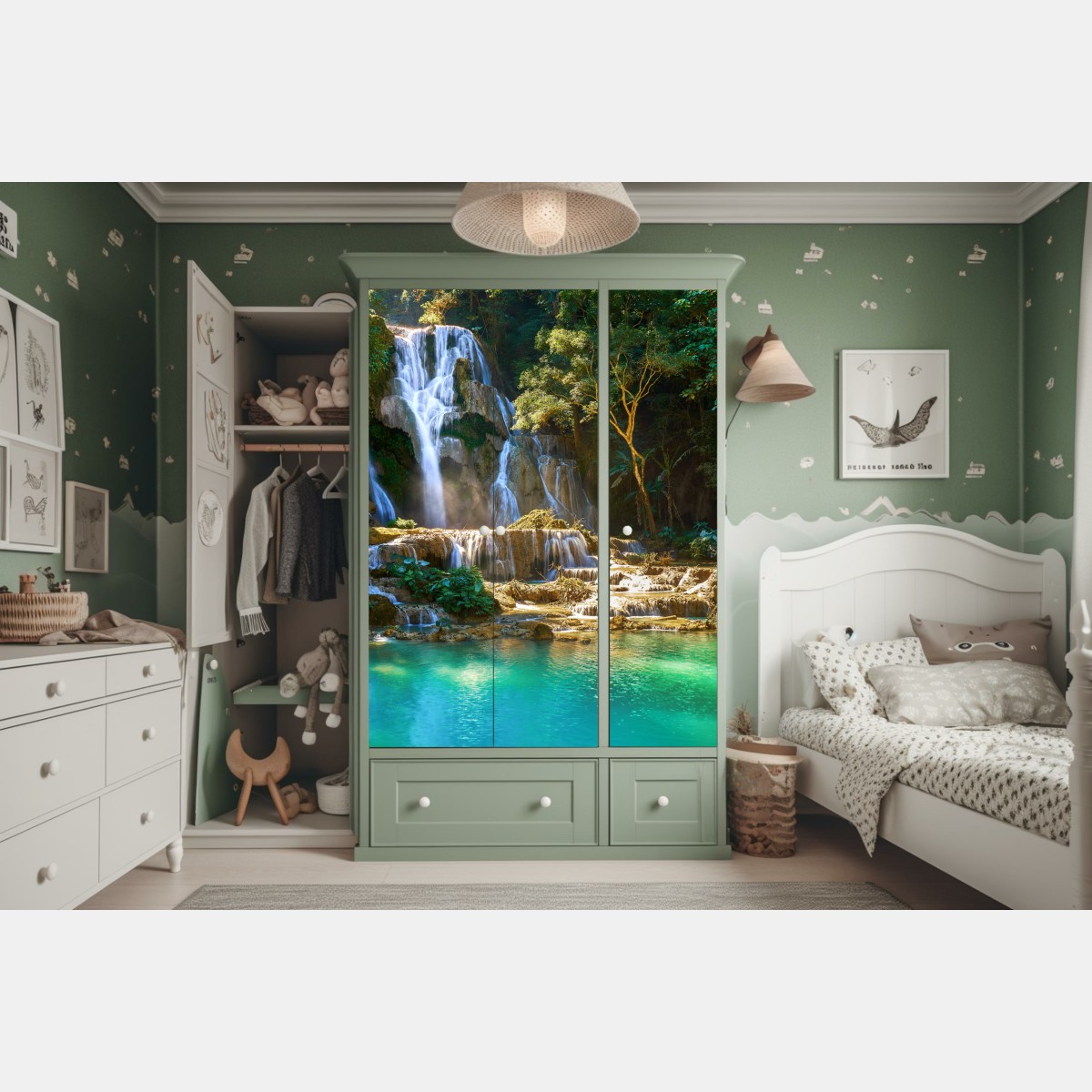 Schrankaufkleber türkisfarbener wasserfall im üppigen wald – Wallnifity®