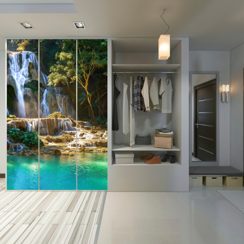 Schrankaufkleber türkisfarbener wasserfall im üppigen wald – Wallnifity®