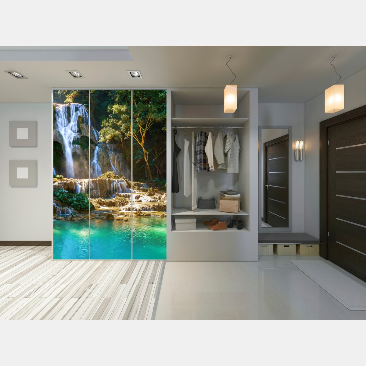 Schrankaufkleber türkisfarbener wasserfall im üppigen wald – Wallnifity®