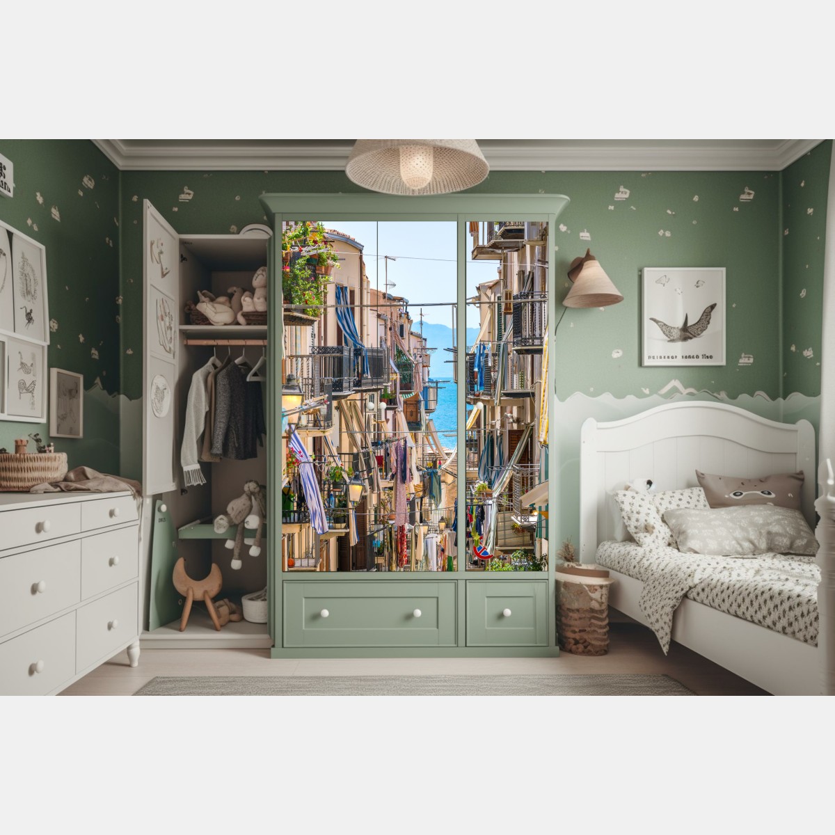 Schrankaufkleber sonnige gasse mit meerblick und balkonen – Wallnifity®