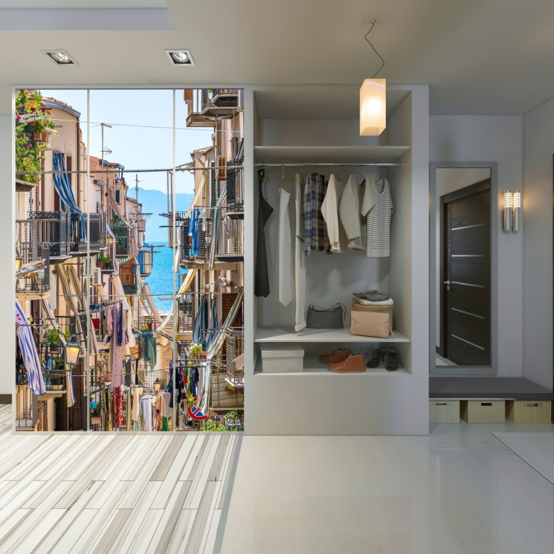 Schrankaufkleber sonnige gasse mit meerblick und balkonen – Wallnifity®