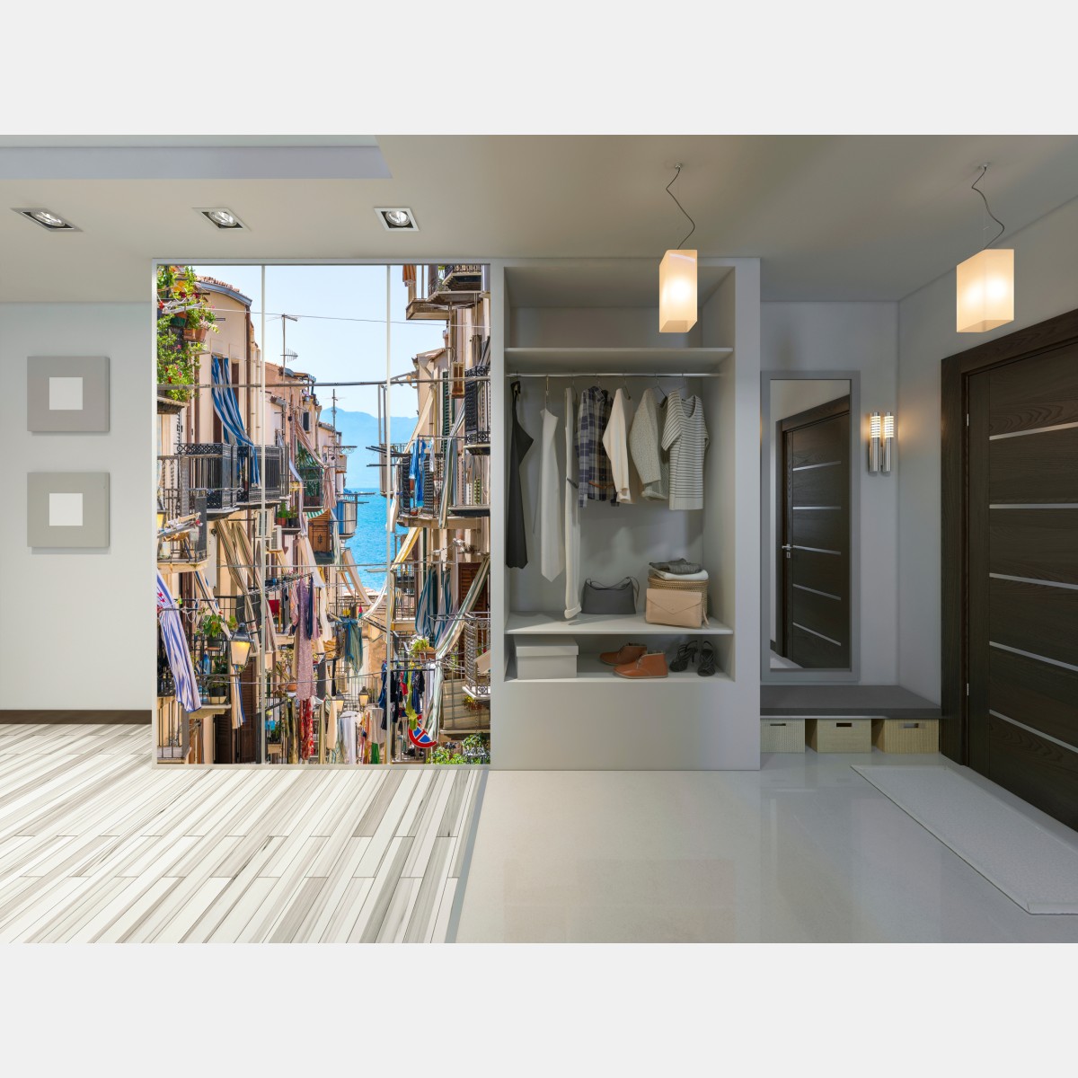 Schrankaufkleber sonnige gasse mit meerblick und balkonen – Wallnifity®