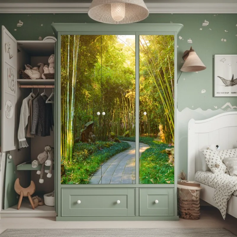 Schrankaufkleber sonnendurchfluteter waldbach mit moosbedeckten steinen – Wallnifity®