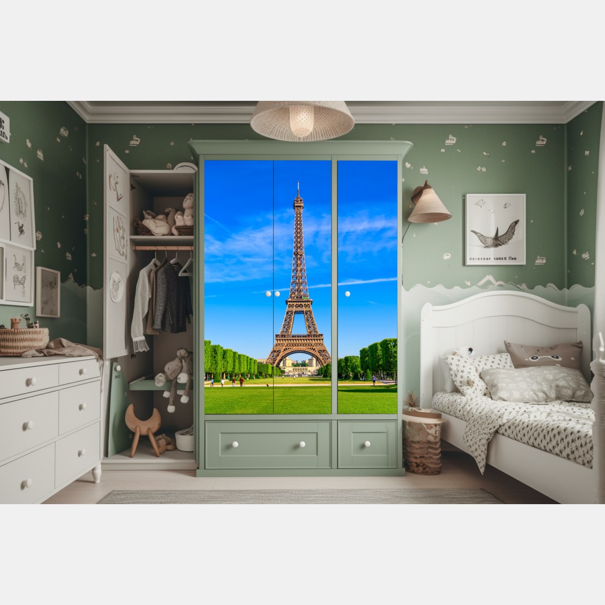 Schrankaufkleber Eiffelturm am Champ de Mars, lebendige pariser skyline – Wallnifity®